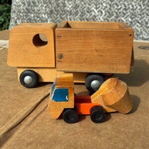Vintage Creative Playthings Wood Toy Dump Truck & Mattel Wooden Cement Mixer